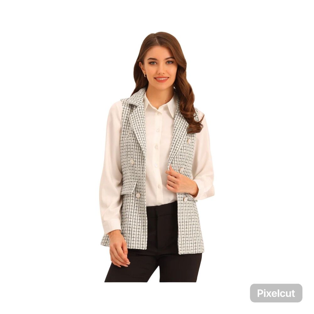1Allegra K Size Large Tweed Open Front Plaid Sleeveless Vest Jacket